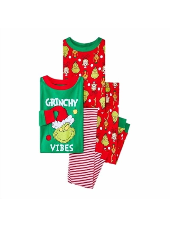 4pc Cotton Unisex Grinch Long Sleeve Top & Pants Christmas Pajama Set - Red/Green, 2T
