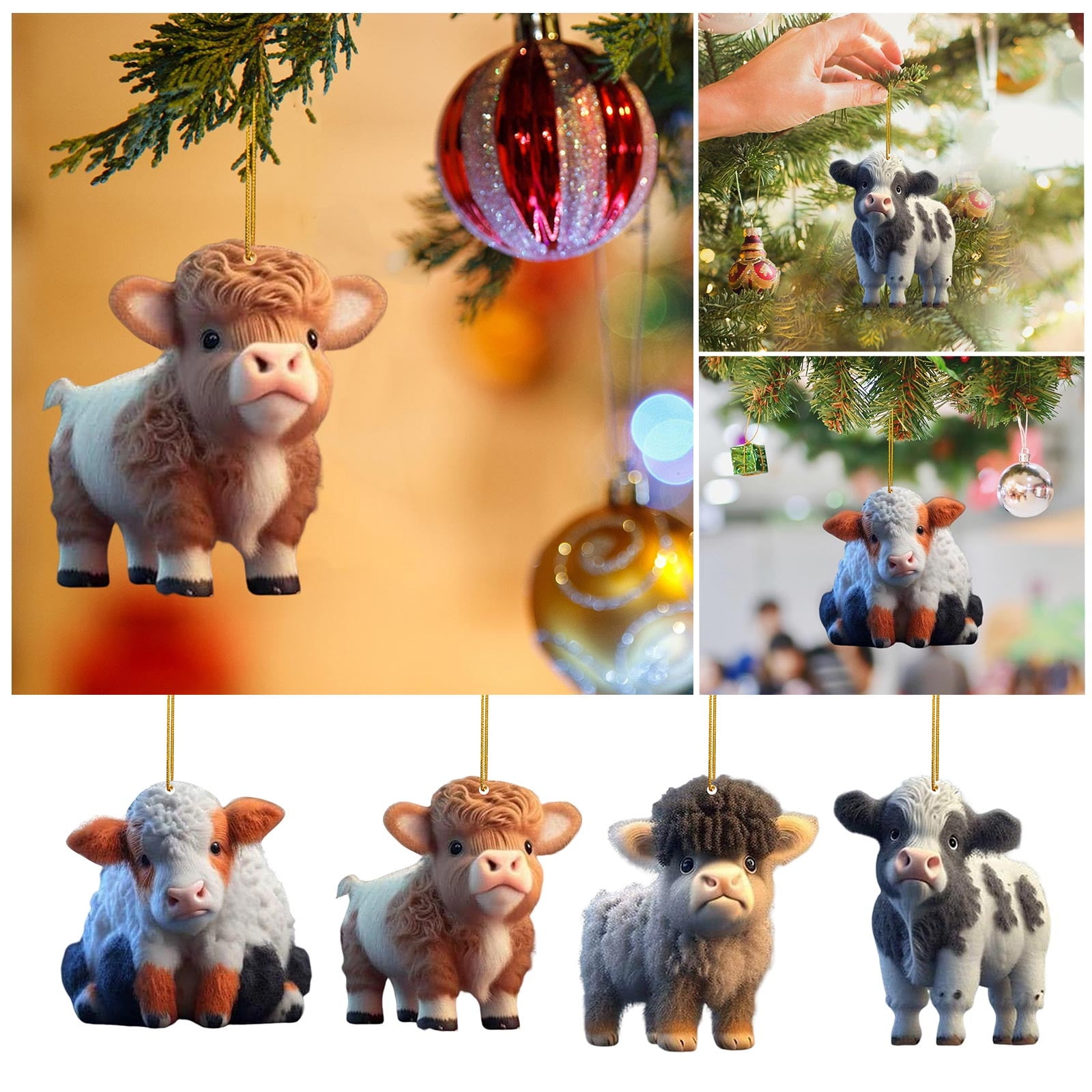 4pc Cow Christmas Ornament Western Highland Cow Decoration for Tree Cow ...