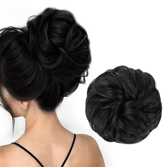 4pc Curly Hair Ring Wig, Messy Big Hair Scrunchie, Synthetic Fiber Elastic Hair Bun, High Temperature Wire, Fluffy Hairpiece for Women, Black, 7cm/2.8in, Wedding, Prom, Party Styling