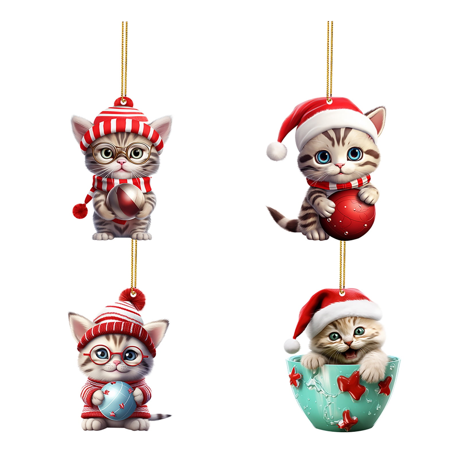 4pc Cute Cat With Santa Hat Pendant Christmas Tree Clear Acrylic Globes