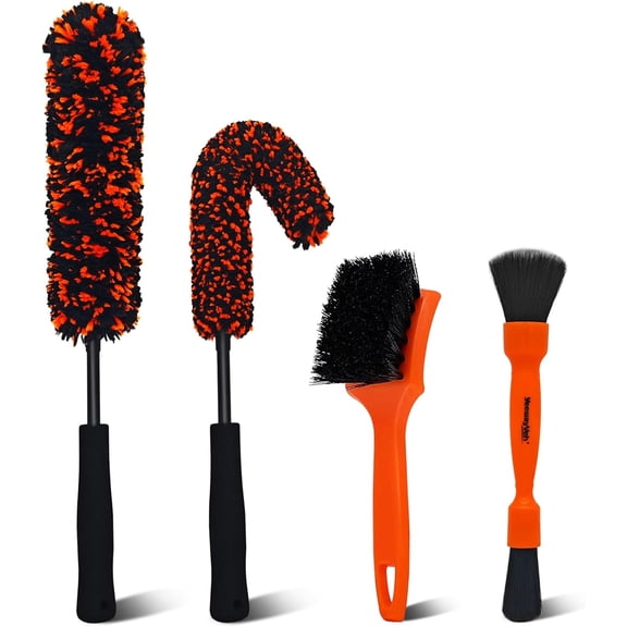 4pc Deluxe Car Wheel Cleaning Set, Dual-Size Bendable Woolie Brushes & Double-Ended Detail Tool