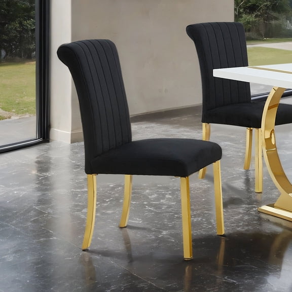 4pc Dining Table Set Fully Upholstered Chairs Channel Tufted Backrest Gold Legs Stainless Steel Black And Gold Finish Dining Room Furniture