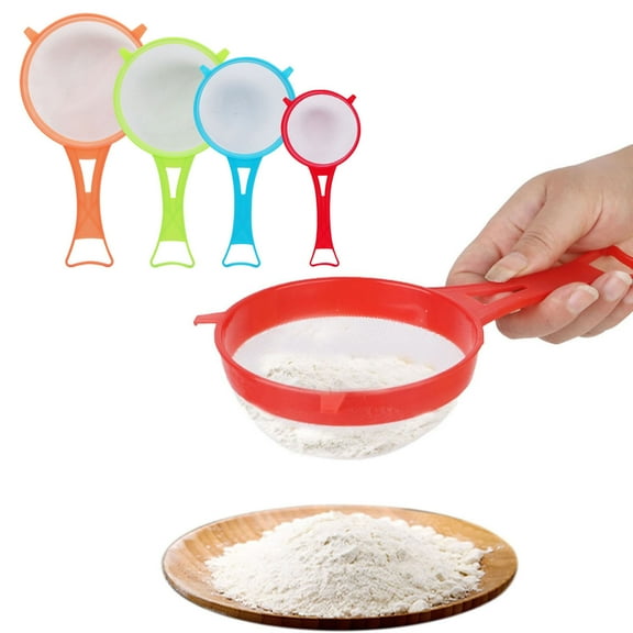 4pc Ergonomic Handle Fine Mesh Plastic Sieve Scoop Multi Purpose Hand Held Strainer For Home Baking Cooking Fruit Puree Beverage Filter Kitchen Supply