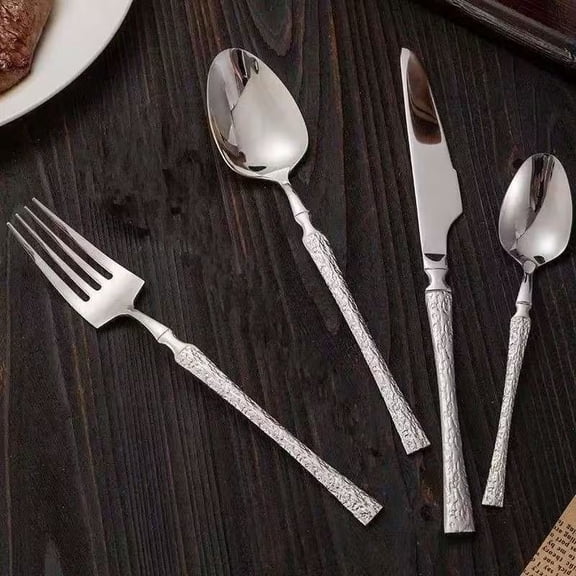 4pc European Style Tree Pattern Stainless Steel Knife Fork Spoon Set - High-End Western Dinnerware for Steak, Salad & Daily Use - Exquisite Flatware with Elegant Tree Engraving
