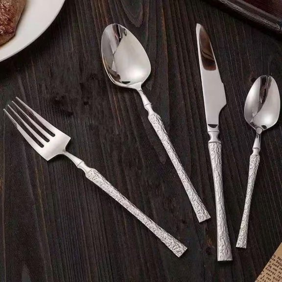 4pc European Style Tree Pattern Stainless Steel Knife Fork Spoon Set - High-End Western Dinnerware for Steak, Salad & Daily Use - Exquisite Flatware with Elegant Tree Engraving