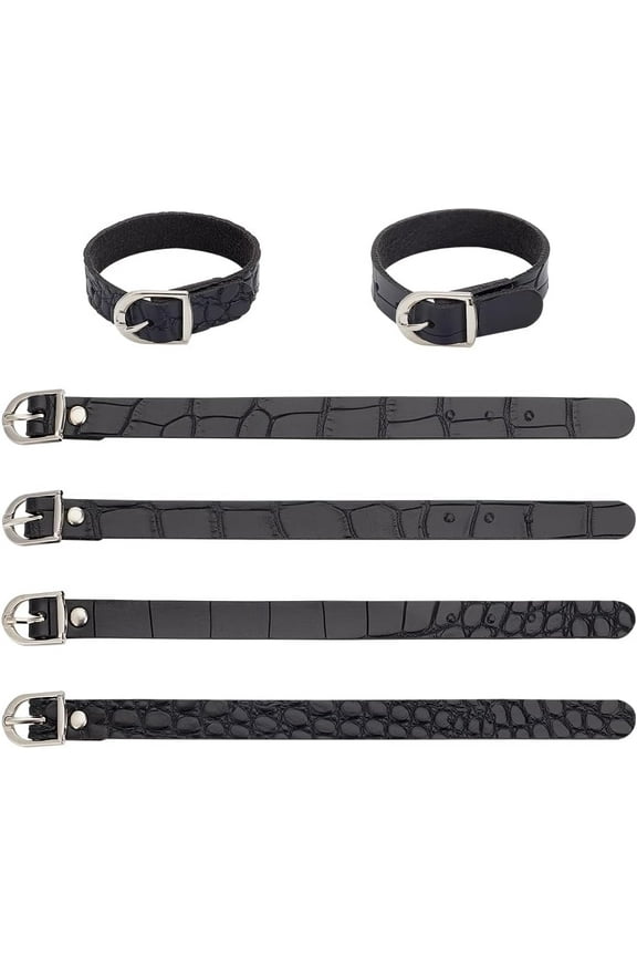 4pc Flat PU Imitation Leather Cord Bracelets for Women Men Black 7-5/8 inch(19.5cm) 16x6mm