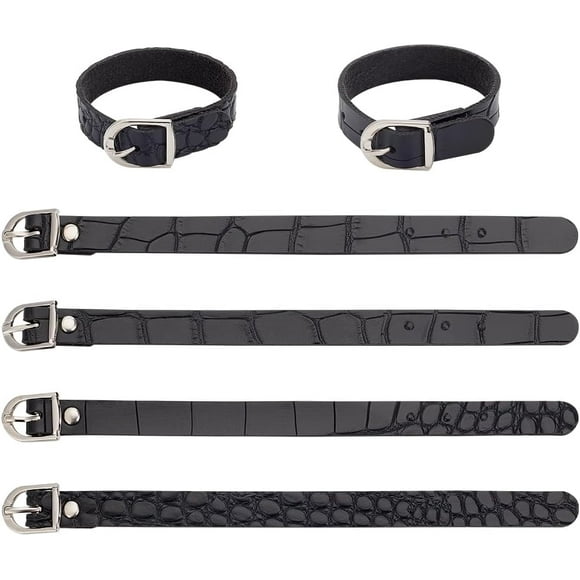 4pc Flat PU Imitation Leather Cord Bracelets for Women Men Black 7-5/8 inch(19.5cm) 16x6mm