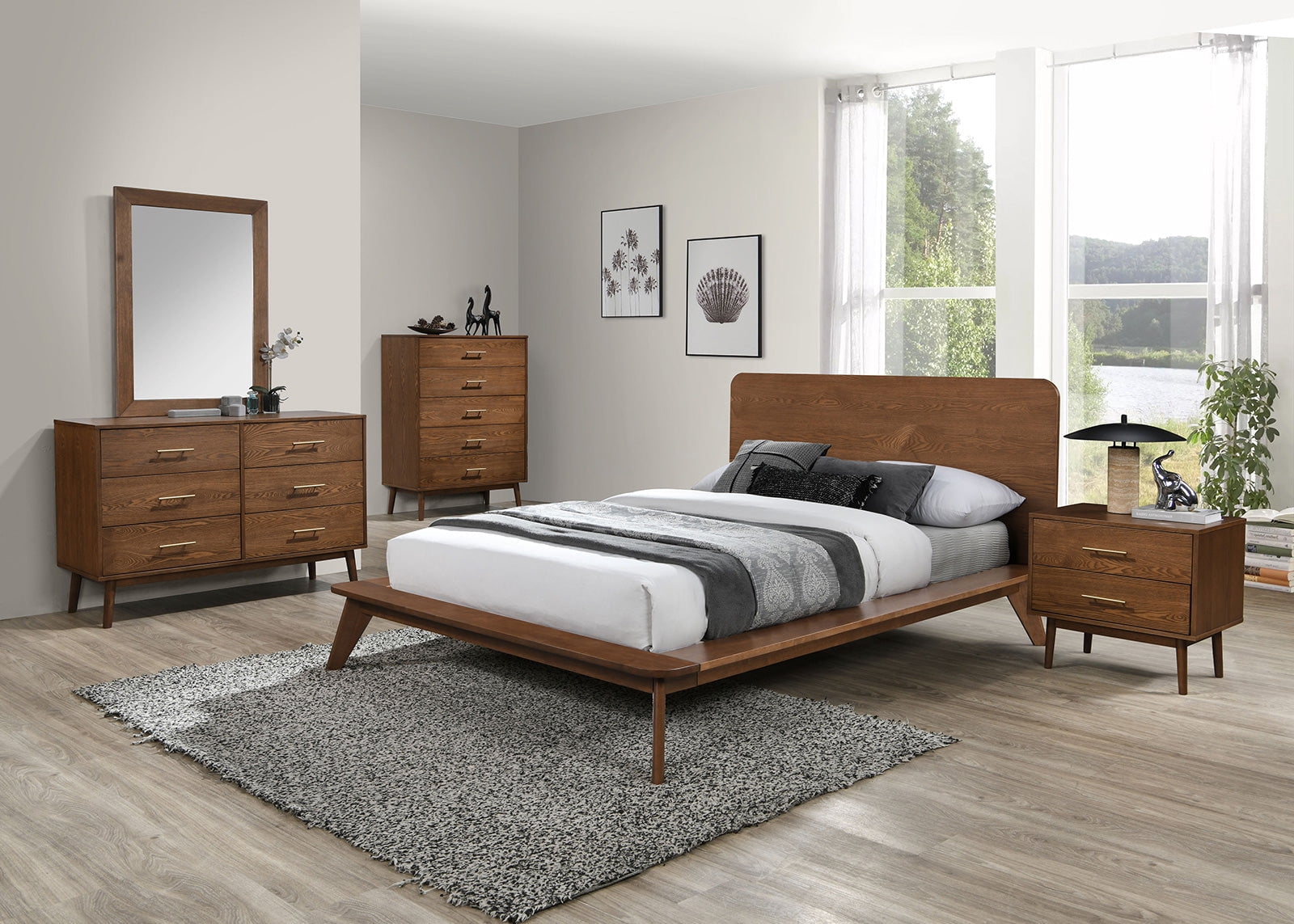 4pc Full Size Bedroom Set Walnut Finish Mid-century Modern Dresser Mirror Nightstand Tapered Legs Platform Bedframe