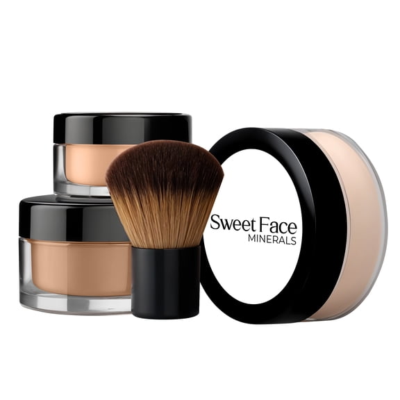 4pc Full Size Kit (Cocoa) Mineral Makeup Matte Loose Foundation + Kabuki Brush + Concealer + Finishing Translucent Setting Powder + Bare Face Full Coverage