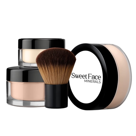 4pc Full Size Kit (Light) Mineral Makeup Matte Loose Foundation + Kabuki Brush + Concealer +Translucent Finishing Setting Powder + Bare Face Full Coverage
