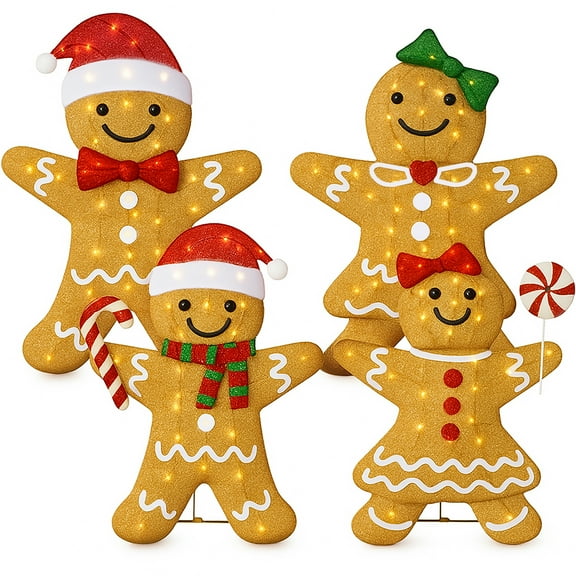 4pc Gingerbread Family 2D Christmas Yard Decor, 4ft Light Up Holiday Lawn Decoration, 200 LED Lights