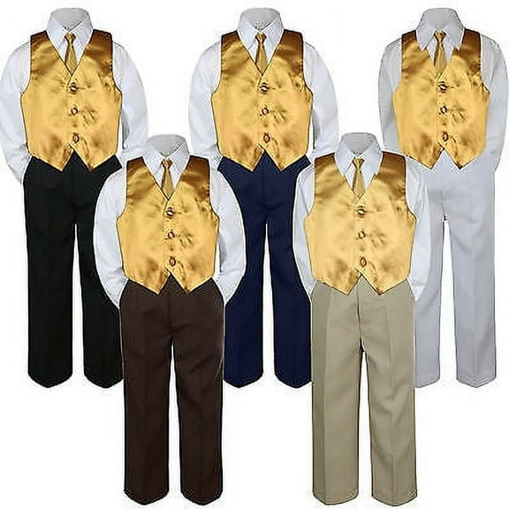 4pc Gold Vest & Tie Suit Set Baby Boy Toddler Kid Uniform S-7