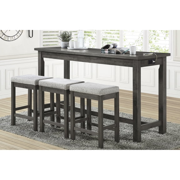 4pc Gray Counter Height Dining - Table With Drawer & 3 Stools Power Outlets Wood Fabric Casual Finish Seat