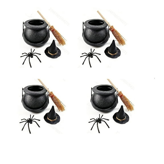 4pc Halloween Mini Witch Cauldron Set - Tiny Cauldrons For Table Display