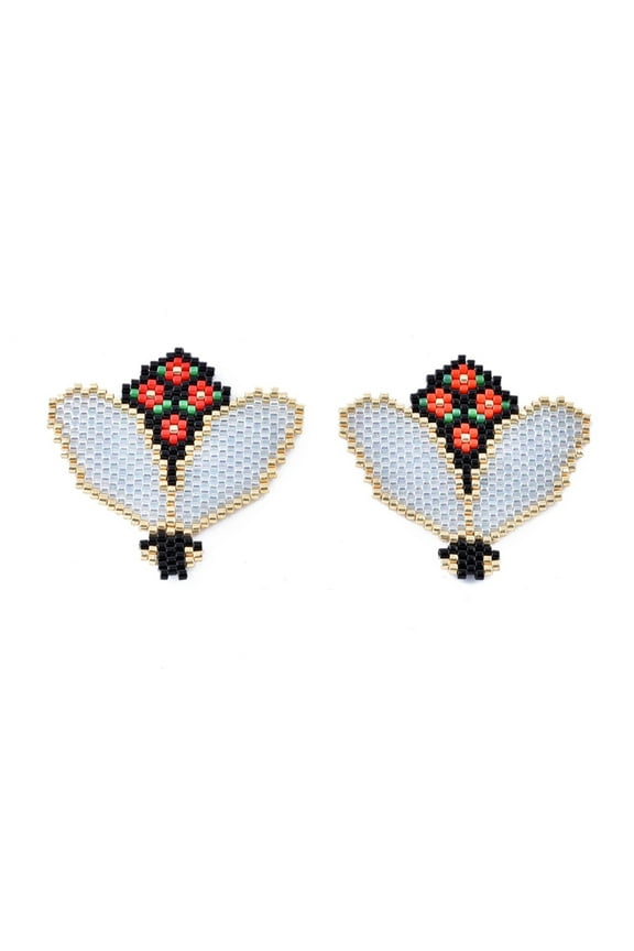 4pc Handmade Seed Beads Pendants with Elastic Thread Loom Pattern Bouquet Colorful 39~40x41x1.5~2mm