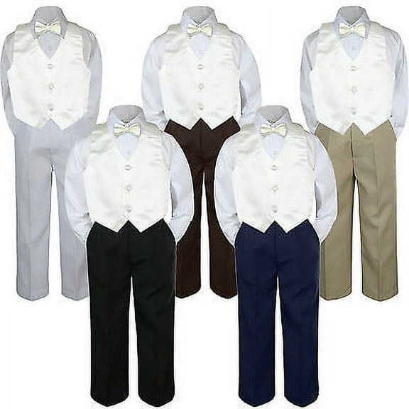 4pc Ivory Off WhiteVest Bow Tie Suit Pants Set Baby Boy Toddler Kid Uniform S-7