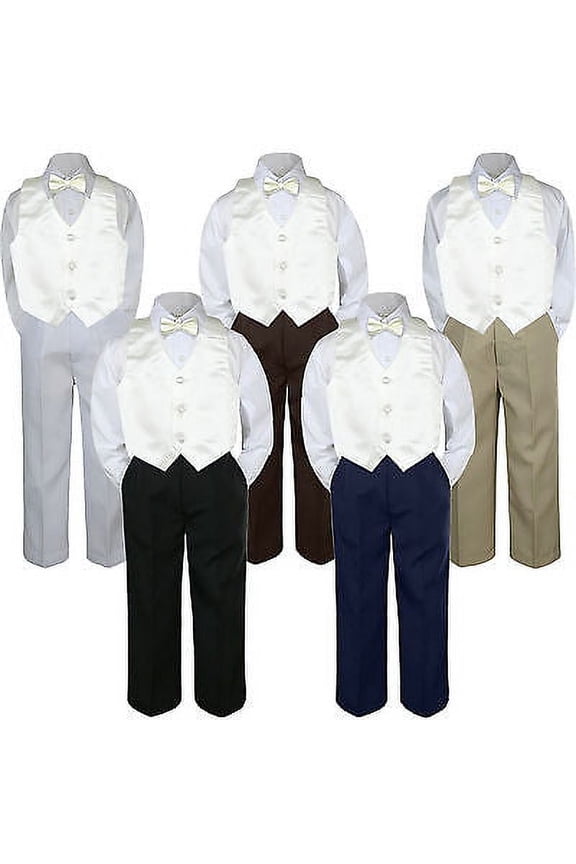 4pc Ivory Off WhiteVest Bow Tie Suit Pants Set Baby Boy Toddler Kid Uniform S-7