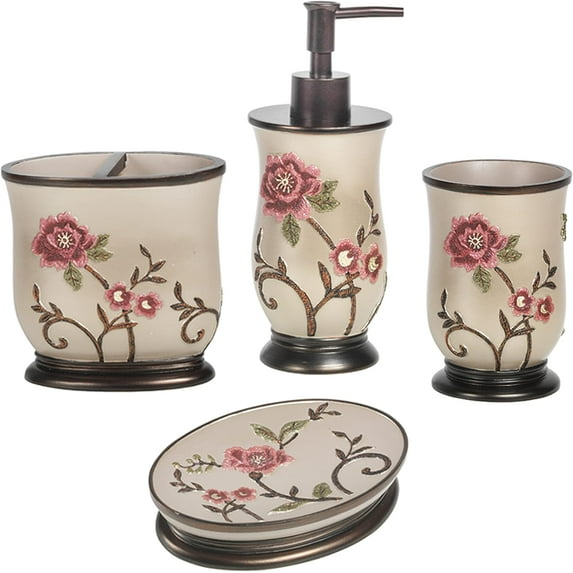4pc Larrisa Floral Bathroom Accessories Sets Modern Classic Flower Soap Dispenser, Tumbler, Tooth Brush Holder and Soap Dish Holder Luxury Decor Unique Design Stylish Bathroom Sets