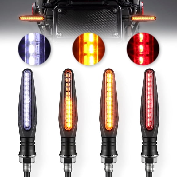 4pc Motorcycle LED Turn Signals with DRL & Brake Lights, Sequential Flowing Indicators for Cruiser Scooter Quad, Red/White/Amber