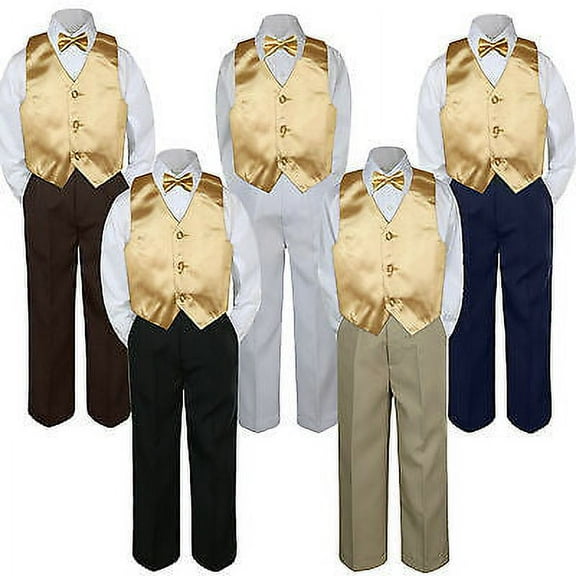 4pc Mustard Yellow Vest Bow Tie Suit Pants Set Baby Boy Toddler Kid Uniform S-7