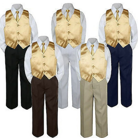 4pc Mustard Yellow Vest & Tie Suit Set Baby Boy Toddler Kid Uniform S-7