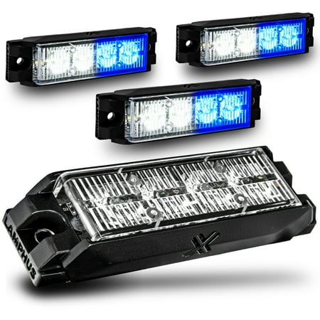 4pc NanoFlare 4" 4-Watt LED Grille Light [SAE Class 1] [72 Flash Patterns] [3-Year Warranty] Surface Mounted Emergency Strobe Light Head - Blue / White