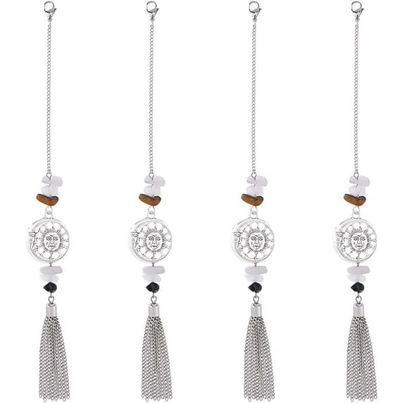 4pc Natural Amethyst Natural Quartz Crystal Natural Obsidian Natural Tiger Eye Pendant Decorat with Iron Chain Tassel Pendants Iron Twisted Chains Curb Chains Antique Silver & Platinum 214mm