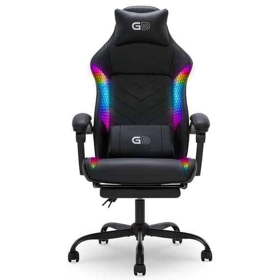 Gamer Gear EdgeX Customizable RGB LED Gaming Chair with Vibrating Lumbar Pillow, Headrest Pillow, Adjustable Recline, Extendable Padded Footrest, and 275 lb Capacity, Black