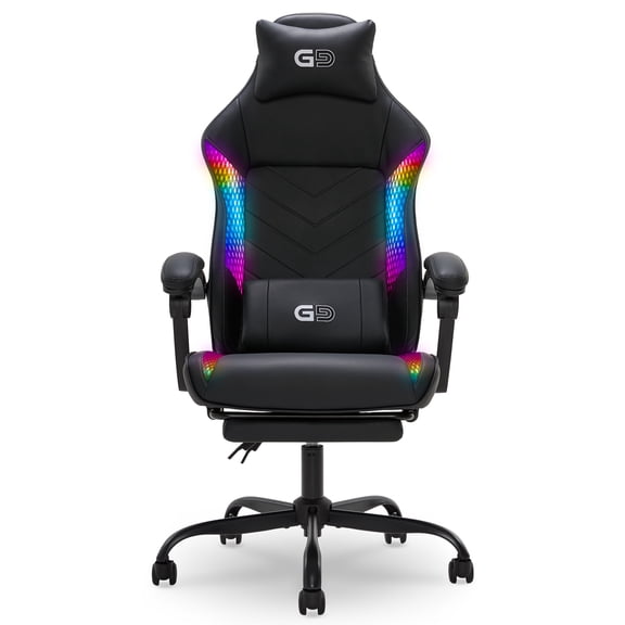 Gamer Gear EdgeX Customizable RGB LED Gaming Chair with Vibrating Lumbar Pillow, Headrest Pillow, Adjustable Recline, Extendable Padded Footrest, and 275 lb Capacity, Black