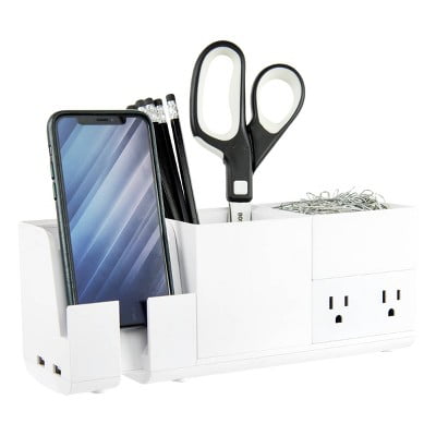 4pc Office Stackable Desk Organizer & Power Station White - Charging Station, Office Supplies, Metal & Plastic