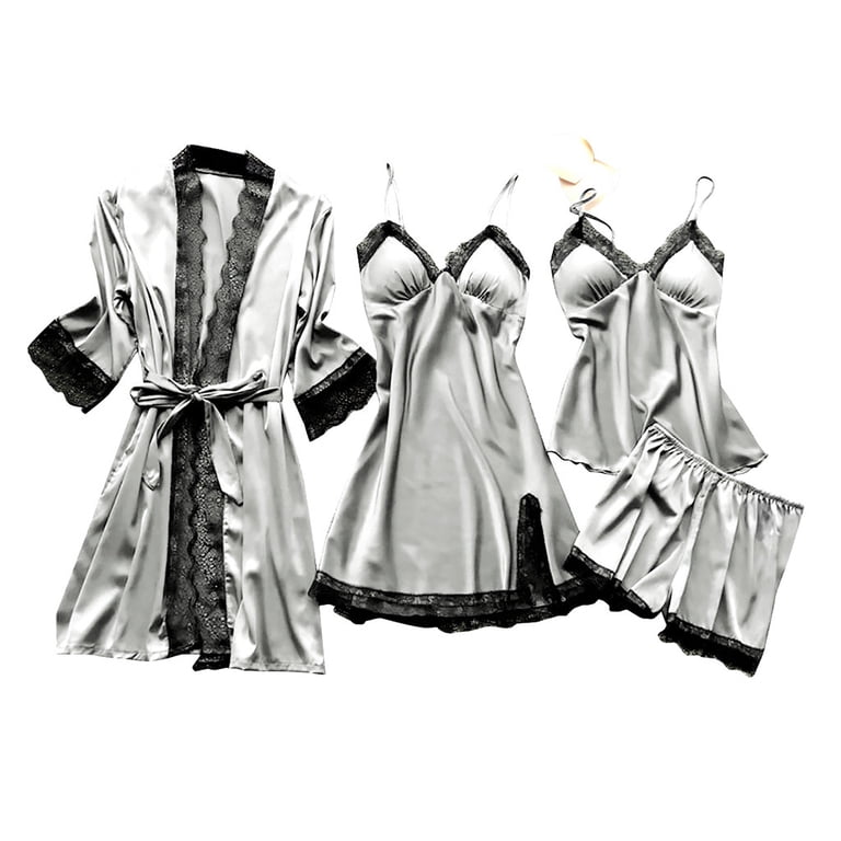 4pc Pajamas Set for Women Satin Pajama Set Satin Sleepwear Nightdress Lace  Nightgown Set Sleepwear Soft Satin Loungewear Dress Robes Tank Tops and Shorts  Set Gray L - Walmart.com