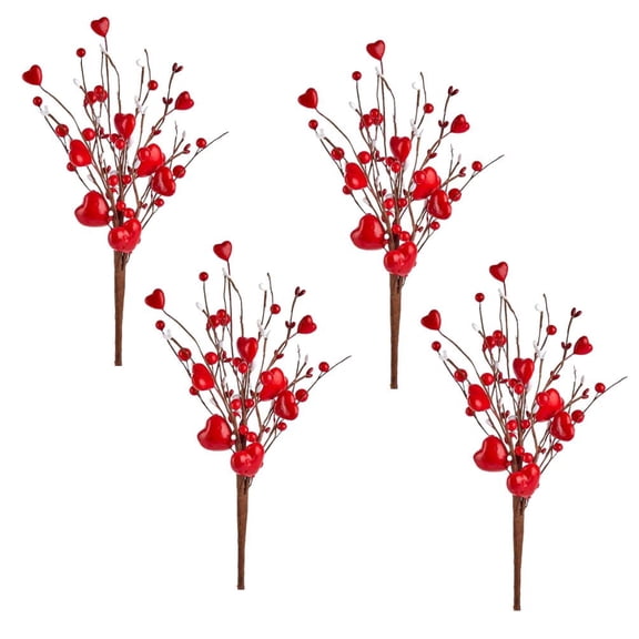 Factory Direct Craft Puffy Hearts and Berries Valentine’s Day Picks, Set of 4, 13 Inch Red Floral Stems