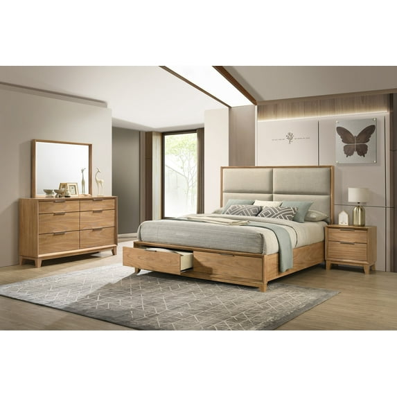4pc Queen Size Platform Bed Set Footboard Storage Light Wood Grain Finish
