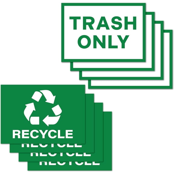 4pc Recycle Stickers + 4pc Trash Stickers | Weatherproof Vinyl Sticker Recycling Signs for Trash Bins, 7" x 10"