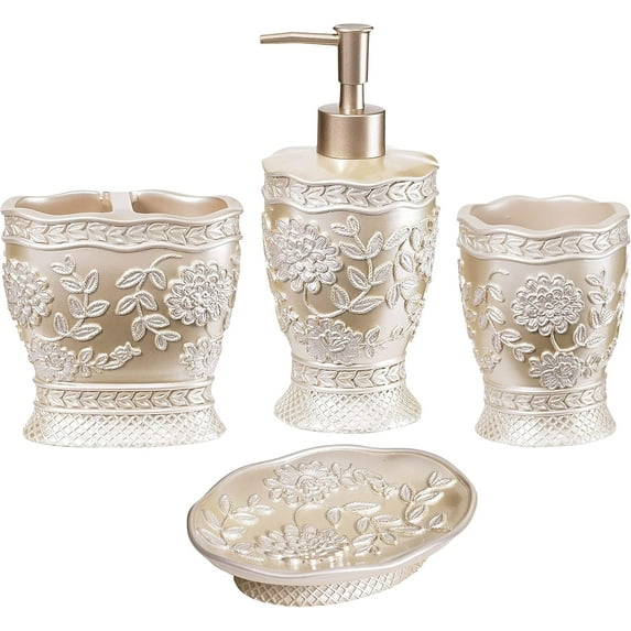 4pc Rose Vine Bathroom Accessories Sets Lotion Pump, Tumbler, Tooth Brush Holder and Soap Dish Unique Design Beige Bathroom Set
