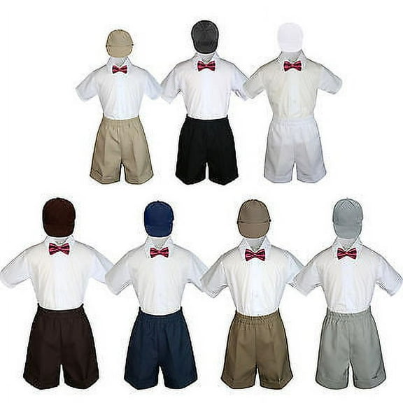 4pc Set Boy Toddler Formal Burgundy Bow Tie White Navy Khaki Shorts + Hat S-4T