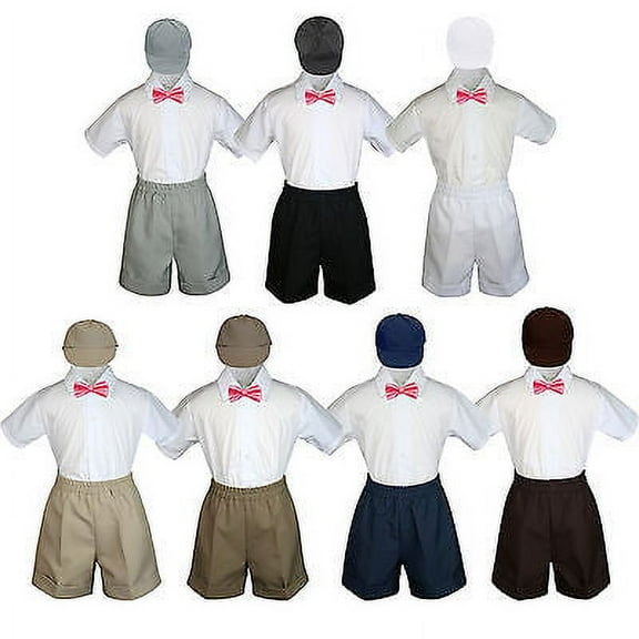 4pc Set Boy Toddler Formal Coral Bow Tie White Navy Khaki Shorts + Hat S-4T