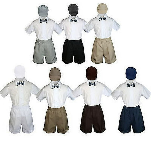 4pc Set Boy Toddler Formal Dark Gray Bow Tie White Navy Khaki Shorts + Hat S-4T