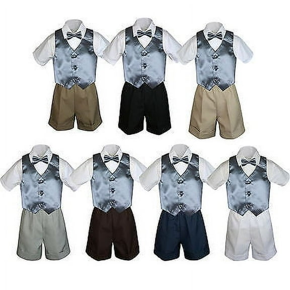 4pc Set Boy Toddler Formal Dark Gray Vest and Bow tie White Khaki Shorts S-4T