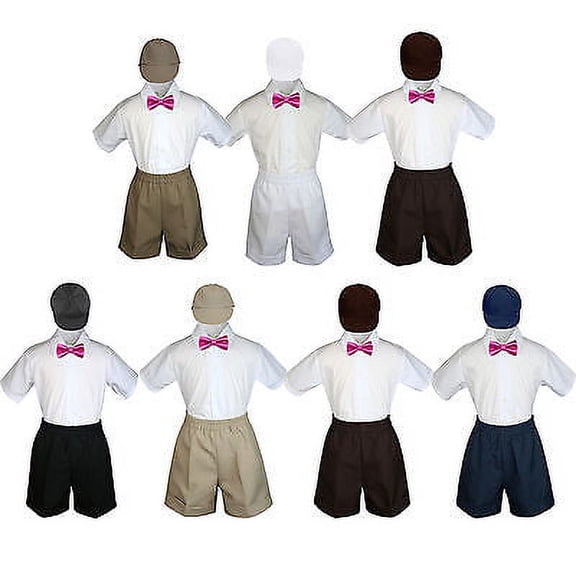 4pc Set Boy Toddler Formal Fuchsia Bow Tie White Navy Khaki Shorts + Hat S-4T