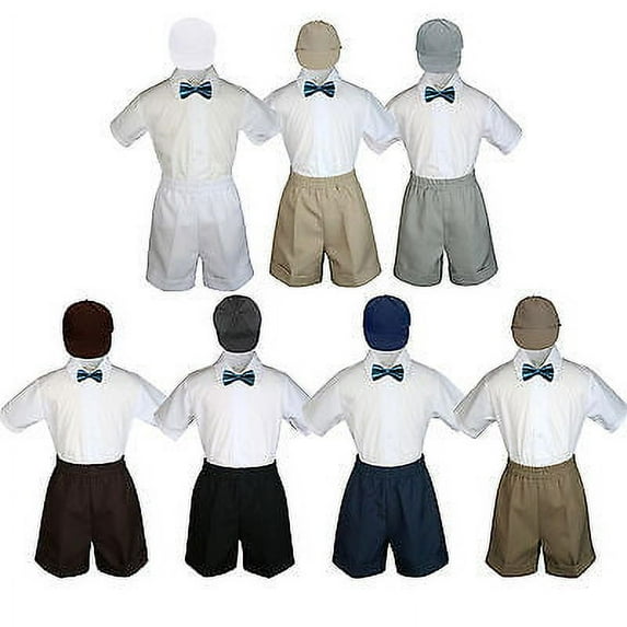 4pc Set Boy Toddler Formal Green Teal Bow Tie White Navy Khaki Shorts + Hat S-4T