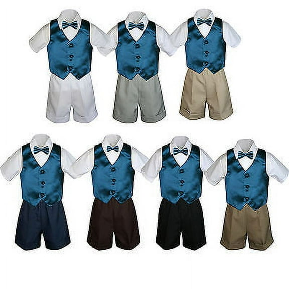 4pc Set Boy Toddler Formal Green Teal Vest and Bow tie White Khaki Shorts S-4T
