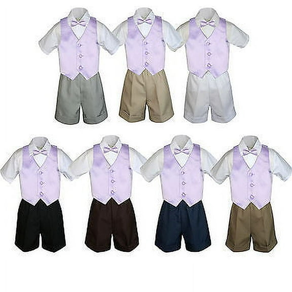 4pc Set Boy Toddler Formal Lilac Vest and Bow tie White Khaki Shorts S-4T