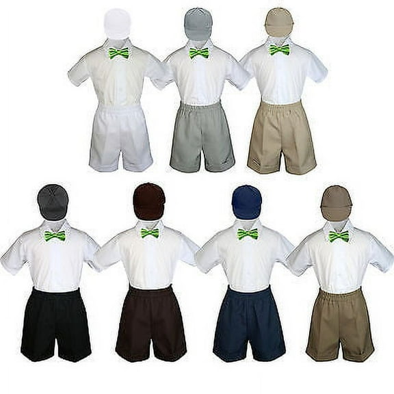 4pc Set Boy Toddler Formal Lime Bow Tie White Navy Khaki Shorts   Hat S-4T