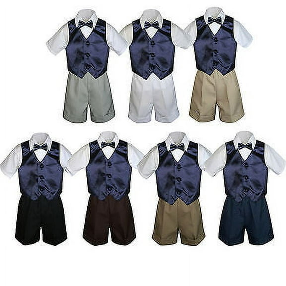 4pc Set Boy Toddler Formal Navy Vest and Bow tie White Black Khaki Shorts S-4T