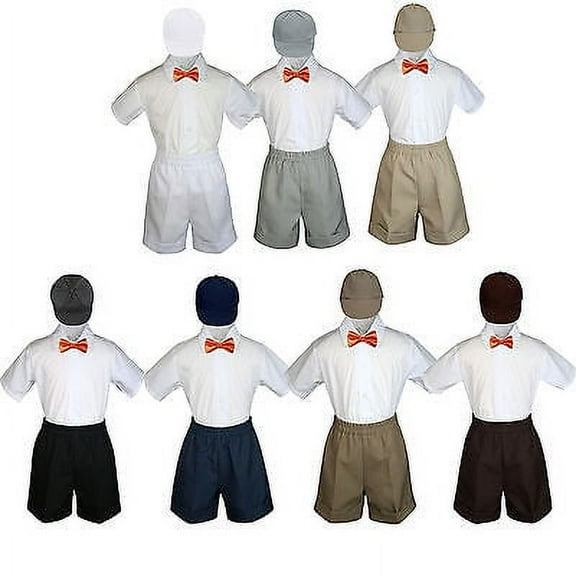 4pc Set Boy Toddler Formal Orange Bow Tie White Navy Khaki Shorts + Hat S-4T