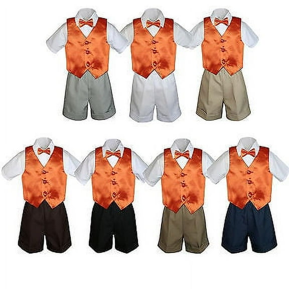 4pc Set Boy Toddler Formal Orange Vest and Bow tie White Black Khaki Shorts S-4T