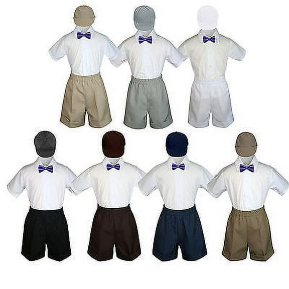 4pc Set Boy Toddler Formal Purple Bow Tie White Navy Khaki Shorts   Hat S-4T