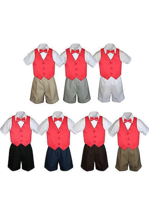 4pc Set Boy Toddler Formal Red Vest and Bow tie White Black Khaki Shorts S-4T