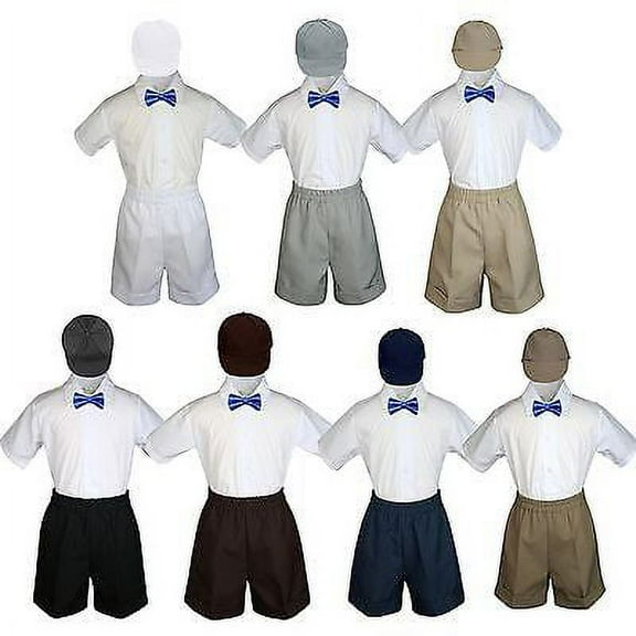 4pc Set Boy Toddler Formal Royal Blue  Bow Tie White Navy Khaki Shorts+Hat S-4T